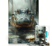 Alligator in Swamp with Lily Pad Adult Jigsaw1000 Pieces Cognitive Boost Game No Gap Tight Fitting Design Birthday Gift Brain Teaser Toy (38x52cm)
