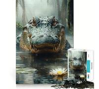 Alligator in Swamp with Lily Pad Jigsaw Puzzle 1000 Piece Mental Fun Game No Gap Tight Fitting Design for Family Gatherings (50x75cm)