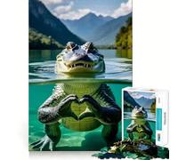 Alligator Making Heart in Lake 1000 Piece Teenager Puzzles Cognitive Train Game Zero Gap Compact Fun for Family Game Time (38x26cm)