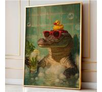 Alligator Rubber Duck Wall Art, Fun Bathroom Posters, Whimsical Animal Oil Painting Decor (18L x 12W,Frame-style)