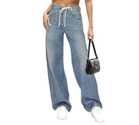 Allimy Womens Drawstring High Waist Wide Leg Jeans Straight Leg Washed Denim Jeans Pants, Blue, 6