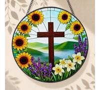 Allinside Stained Glass Cross, 8 Inch Sunflowers Suncatcher, Windows Hanging Flower Cross Christian Stained Glass Gift for Christian Easter Faith Gifts Religious Home Decor