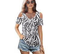 Allinterest Cold Shoulder Tops Summer Regular Fit Casual Women V Neck Short Sleeve Trendy Basic Tees, Zebra Stripes, XL