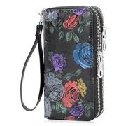 ALLITIC Women's Wallet RFID Blocking Leather Double Zipper Cellphone Wallet Long Purse with Removable Wrist Strap, Colored Roses, L, Clutch Or Wristlet