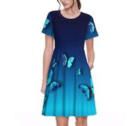 ALLiYa Beautiful Blue Butterfly Women's Short Sleeve Dress Summer Fashion Office Daily Work Essentials Perfect with