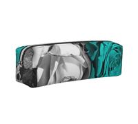 ALLiYa Black White Teal Gray Rose Flowers Leather Pencil Case Art Utensils Storage Bag Makeup Pouch