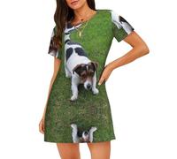 ALLiYa Dogs Playing On The Lawn Women'S Short-Sleeved Nightdress Summer Family Casual Essentials Dress Home Clothes Black