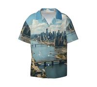 ALLiYa Penthouse View Over New York Manhattan Men's Casual Short-Sleeved Shirt Cool Daily Loose Business Casual Bar Workwear Black