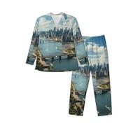 ALLiYa Penthouse View Over New York Manhattan Men'S Long-Sleeved Pajama Set Nighttime Sleep Relax Travel Lazy Weekend Two Piece Sets Black