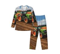 ALLiYa Tractor Farm Men'S Long-Sleeved Pajama Set Nighttime Sleep Relax Travel Lazy Weekend Two Piece Sets Black