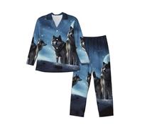 ALLiYa Wolfs Men'S Long-Sleeved Pajama Set Nighttime Sleep Relax Travel Lazy Weekend Two Piece Sets Black