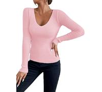 Alloaone Autumn Winter Women Rib Knit V Neck Stripe Sweater Long Sleeve Pullover Tops Fashion Pink