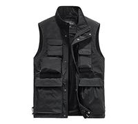 Alloaone Men Classic Solid Multi Pocket Stand Collar Photographer Jacket Director Reporter Waistcoat black 3XL