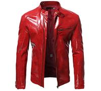 Alloaone Men's Shiny Self-Cultivation Stand-Up Collar Motorcycle Suit PU Handsome Leather Jacket Burgundy L