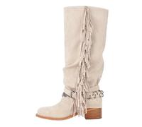 Alloaone Women's 5Cm Knee High Western Boots Round Toe Mid Block Heel With Fringe And Pleated Fold Over Pull On Design