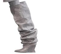 Alloaone Women's 7.5Cm Pleated Over The Knee Boots Pointed Toe High Wedge Heel Black Pu Pull On For A Punk Style Vibe