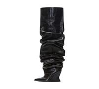 Alloaone Women's 7.5Cm Pleated Over The Knee Boots Pointed Toe High Wedge Heel Black Pu Pull On For A Punk Style Vibe
