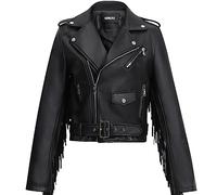 Alloaone Women's Autumn Leather Fringed Jacket Tassel Spring PU Leather Coat Short Motorcycle Fringed Jacket Black M