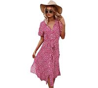 Alloaone Women's Button Short Sleeve Casual Chic Dresses Bohemian V-Neck Midi Dresses Red