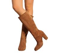 Alloaone Women's Flock Knee High Boots Round Toe High Square Heel Slip On Vintage Style For Club Or Performance Wear