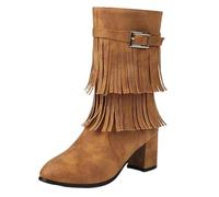 Alloaone Women's Tassel Mid-Calf Boots Zip High Square Heel Buckle Elegant Style Booties
