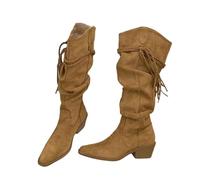 Alloaone Women's Weave Fringe Knee High Boots Pointed Toe Low Hoof Heels Western Style Suede-Like Pull On Streetwear Shoes