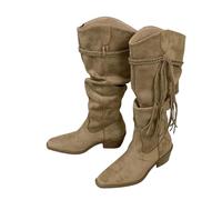 Alloaone Women's Weave Fringe Knee High Boots Pointed Toe Low Hoof Heels Western Style Suede-Like Pull On Streetwear Shoes