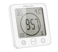 ALLOMN Bathroom Clock, LCD Digital Shower Clock Alarm Waterproof Touch Control ℃/℉ Temperature Humidity, Count Down Timer, 3 Mounting Methods, Battery Power (White)