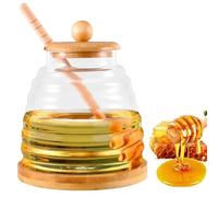 ALLOMN Honey Jar with Dipper and Lid, 480ml Clear Glass Beehive Honey Bee Pot Container for Home Kitchen Cooking
