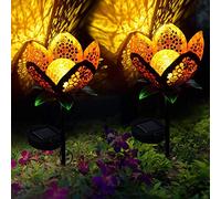 ALLOMN Solar Lights Garden Outdoor, 2PCS Outdoor Pathway Decorative Lamp Lights Solar Landscape Light IP65 Waterproof Path Lawn Yard Garden Lamps Pretty Flower Design (Hollow Flowers, 2 PCS)