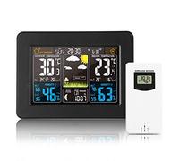 ALLOMN Wireless Weather Station, Color Display LCD Digital Weather Station with Sensor, Alarm Clock, Temperature Humidity Monitor, Barometric, Weather Forecast for Home Office Garden Farm (Black)