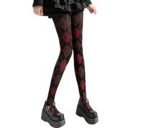 alloneslife Argyle Plaids Pattern Tights for Women Preppy Styles Stretch Comfort Opaque Pantyhose Everyday Wear Nylon Leggings(retro red)
