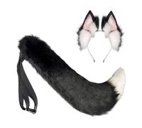 alloneslife Furry Foxes Ears Headband And Furry Tail Set For Halloween Costume Parties Comfortable Soft Adjustable For Kids Adults(Black and white,Set)