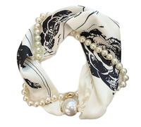 alloneslife Magnetic Clasp Pearls Chain Necklace Floral Satins Scarf Elegant Silk Skinny Narrow Neckerchief for Fashionable Women(Camellia)