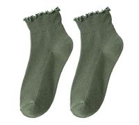 alloneslife Women's Frilly Ankle Socks, Ruffle Turn-Cuffs, Casual, Breathable Cotton, Dark Green, Size S