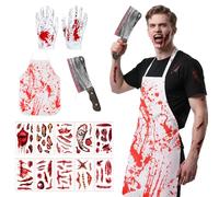 Allony Halloween Butcher Costume, Mens Halloween Costumes Adult Scary, halloween Bloody Apron, Serial Killer costume with Butcher Costume, Tattoos, Kitchen Knife, Bloody Gloves