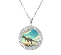 Allosaurus Dinosaur Fashion Necklace Chain Round Graphic Pendant with Diamond Jewellery Silver-style