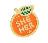 Alloy Brooch Featuring Fruit Oranges Art and THEY SHE/HER Lettering for Gender Identity Backpack Badges
