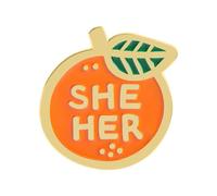 Alloy Brooch Featuring Fruit Oranges Art and THEY SHE/HER Lettering for Gender Identity Lapel Badge Combining Oranges Symbol and Pronouns THEY SHE/HER for Everyday Jewelry
