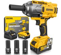 ALLOY POWER Alloypower Cordless Brushless Impact Wrench, -Lbs (2000n.m), 1/2 High Torque Power Impact Gun, 3-Mode Speed, Battery, 3 Sockets, Electric Wrench Set for Car Tire Truck RV Mower, 4000mah,
