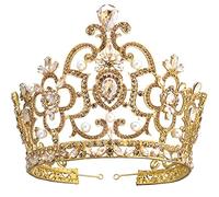 Alloy Rhinestone Pearl Bride Crown Baroque Full Round Large Tiara Beauty Queen Crowns with Pearl