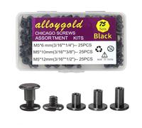 Alloygold 75 Sets Gun Black Chicago Binding Screws Assorted Kit ,3 Sizes of Round Flat Head Stud Screw Nail Rivet Chicago Button DIY Leather Decoration Bookbinding(M5*6,10,12)