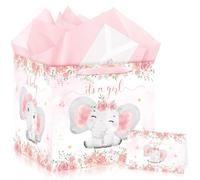 Allparty Extra Large Baby Gift Bag for Girl | Pink Floral Elephant. Includes Card, Envelope, Sticker & Wrapping Paper. 11.8in square jumbo. All-in-One Set for Baby Shower