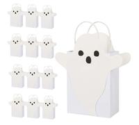AllReal 12 Pcs Gingerbread Gift Bags Christmas Treat Bags with Handles Small Cute Kraft Paper Candy Cookie Goodie Bag for Xmas Gift Wrapping Winter NYE Holiday Party Favors Supplies (Ghost)