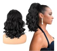 Allreetress Kinky Straight Ponytail Drawstring Hairpiece - 16" Yaki Straight with Curly Ends Synthetic Hair Extension for Black Women (1B Black)