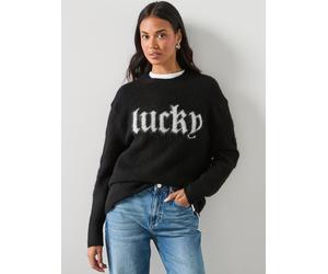 AllSaints Lucky Or Not Slogan Long Sleeve Jumper, Black, Size M, Women Black