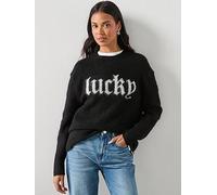 AllSaints Lucky Or Not Slogan Long Sleeve Jumper, Black, Size S, Women Black