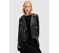 Allsaints Womens Black/gold Balfern Belted-hem Leather Biker Jacket 8