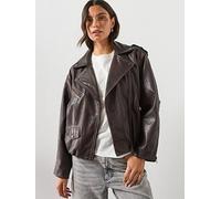 AllSaints Samina Relaxed Fit Leather Biker Jacket, Red, Size 12, Women Red