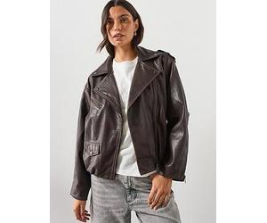 AllSaints Samina Relaxed Fit Leather Biker Jacket, Red, Size 16, Women Red